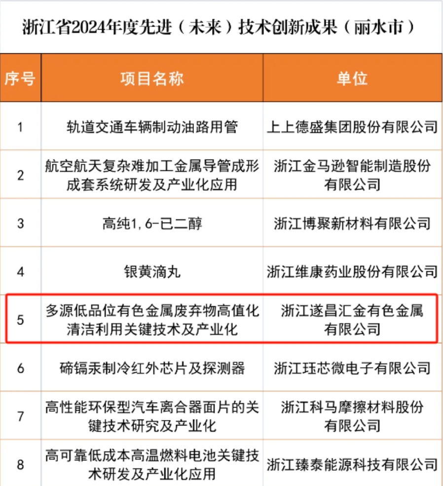 遂昌汇金成功入选浙江省2024年度先进（将来）技术创新成就”名单